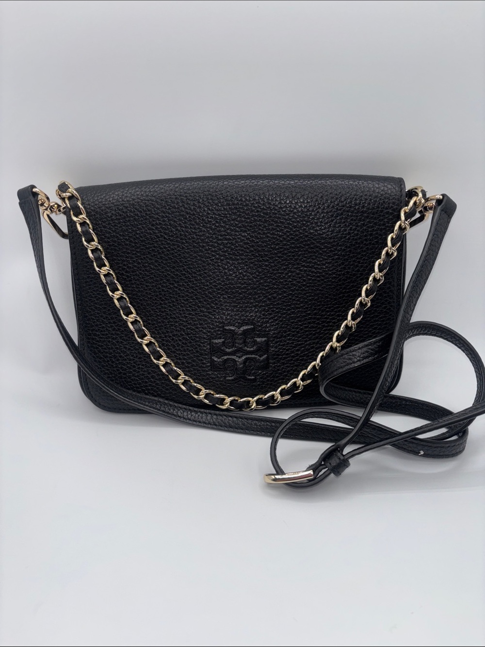 Tory Burch Black Pebbled Leather Crossbody with Gold Chain